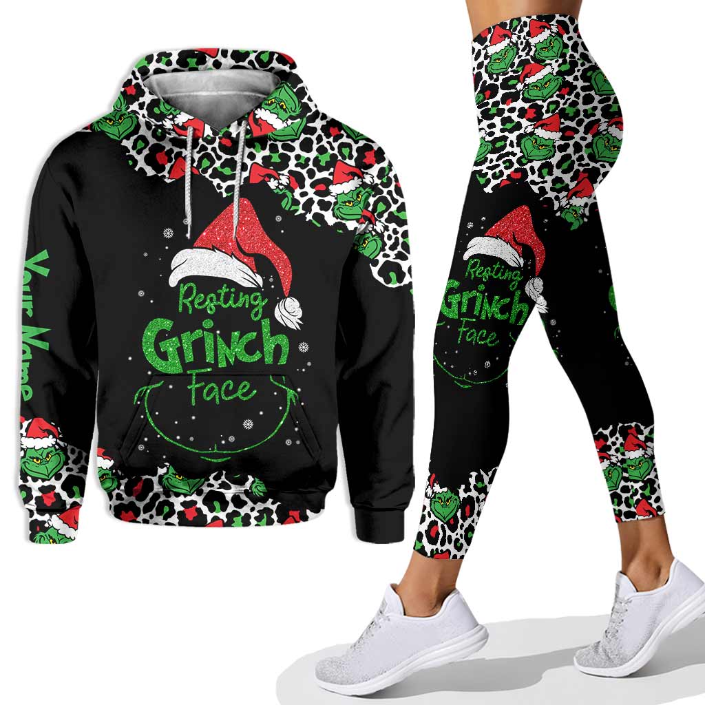 Personalized Grinch Face Hoodie and Leggings Set for Christmas