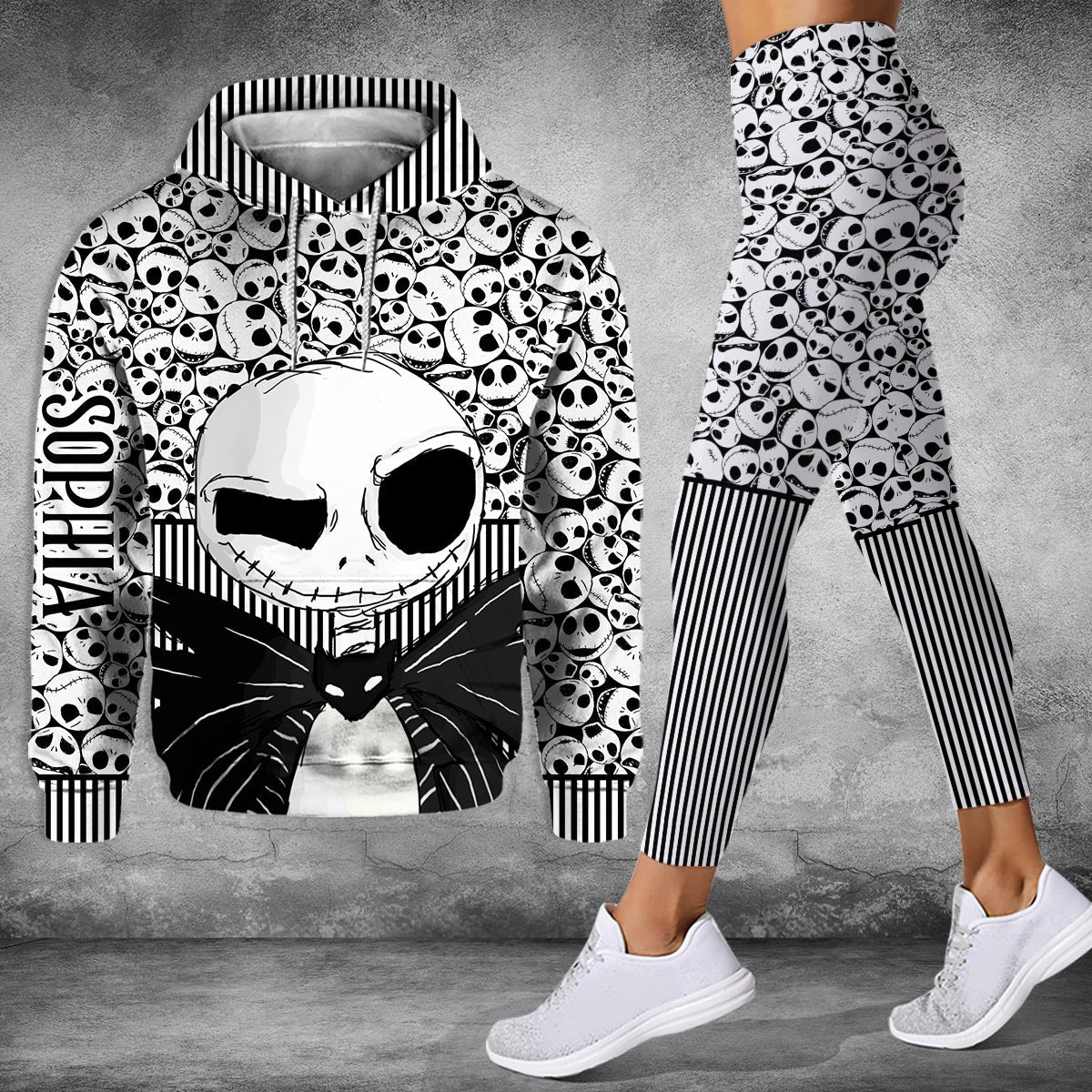 Personalized Skull Print Hoodie and Leggings Set for Her - Custom Name Gift