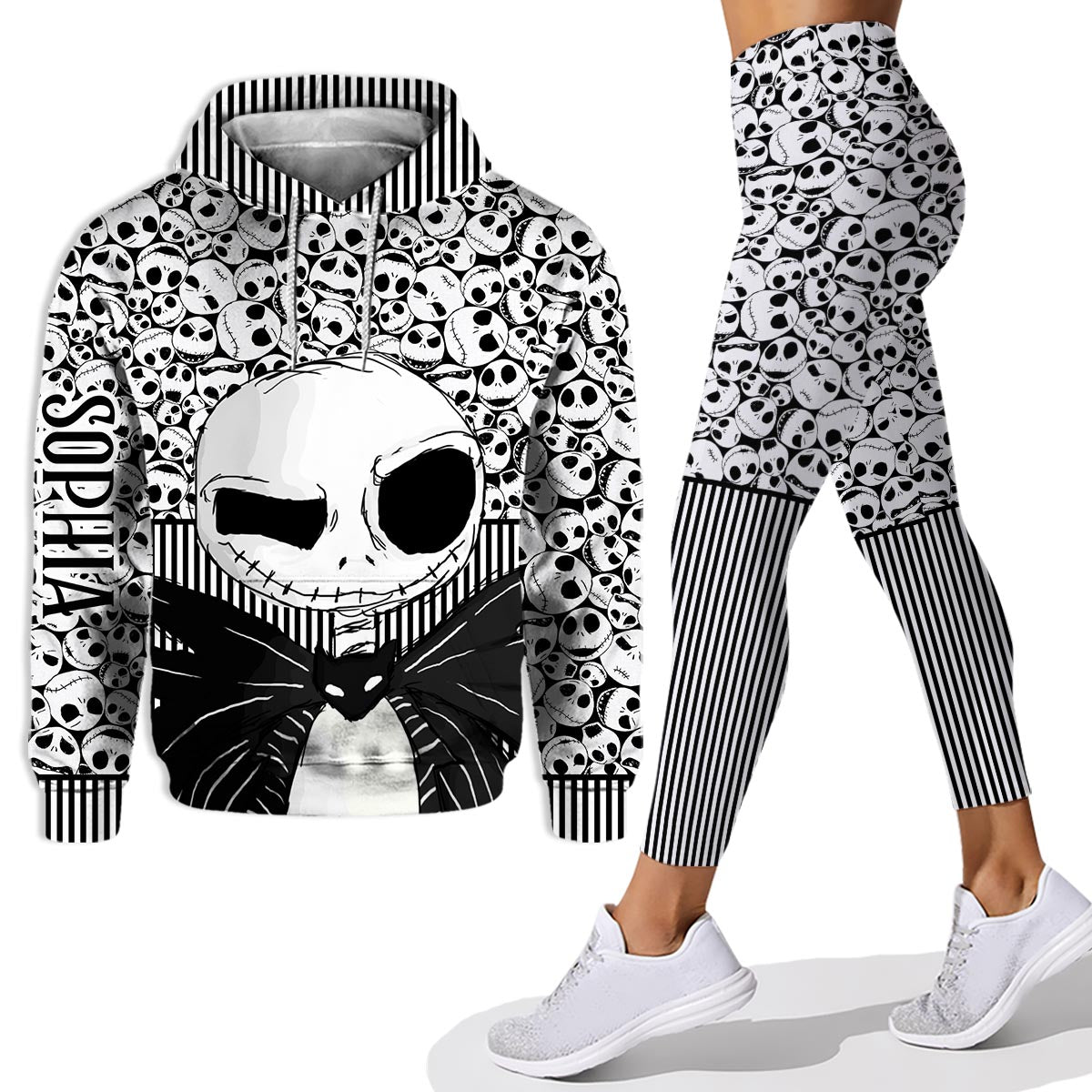 Personalized Skull Print Hoodie and Leggings Set for Her - Custom Name Gift
