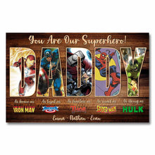 Load image into Gallery viewer, Personalized Superhero Poster for Dad Custom Names Father's Day Gift
