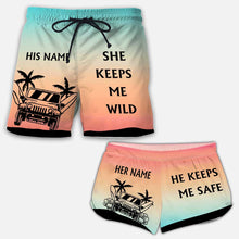 Load image into Gallery viewer, Personalized Couple's Adventure Shorts Custom Names Tropical Design
