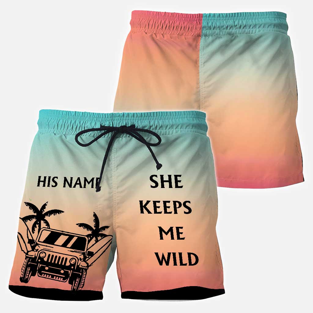 Personalized Couple's Adventure Shorts Custom Names Tropical Design