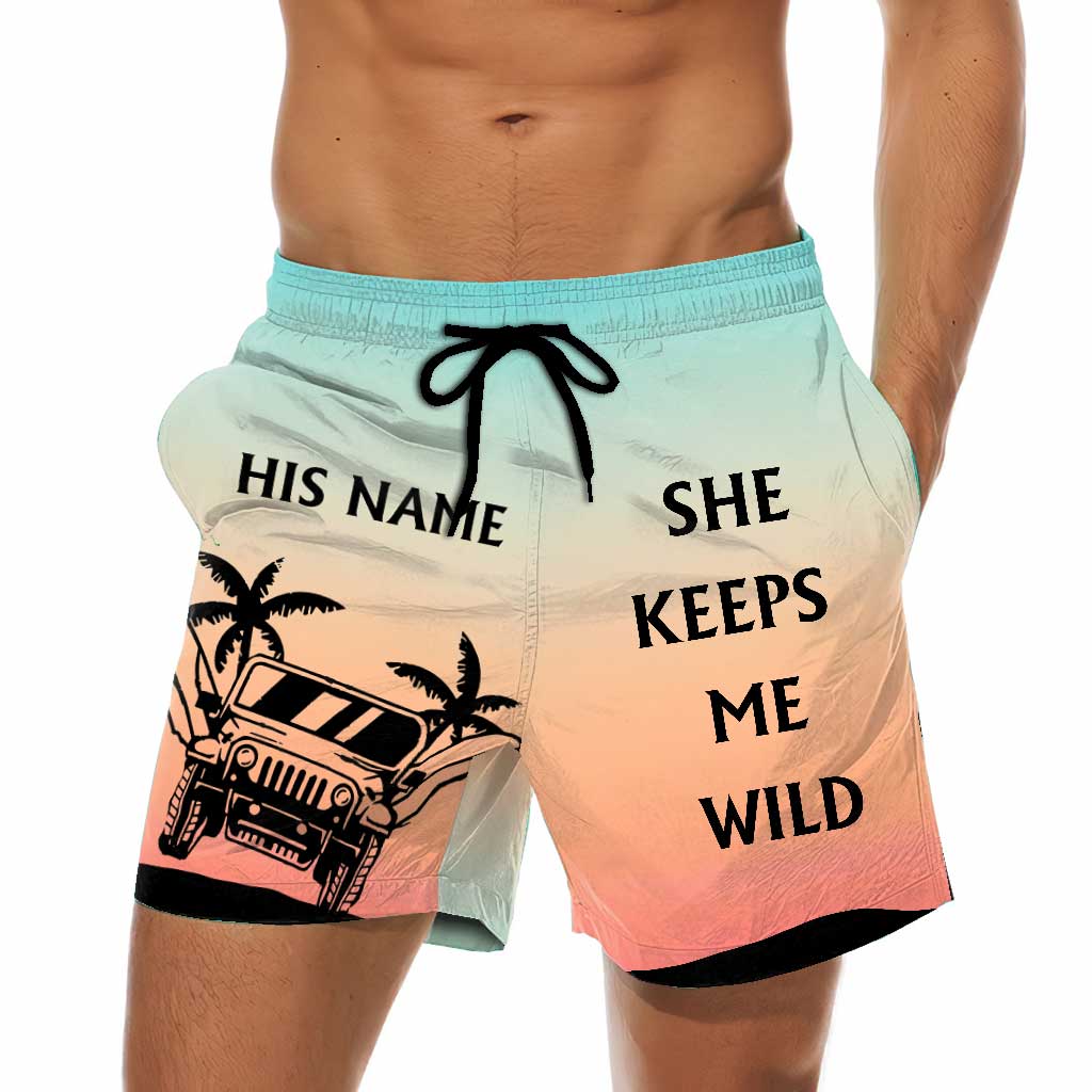 Personalized Couple's Adventure Shorts Custom Names Tropical Design