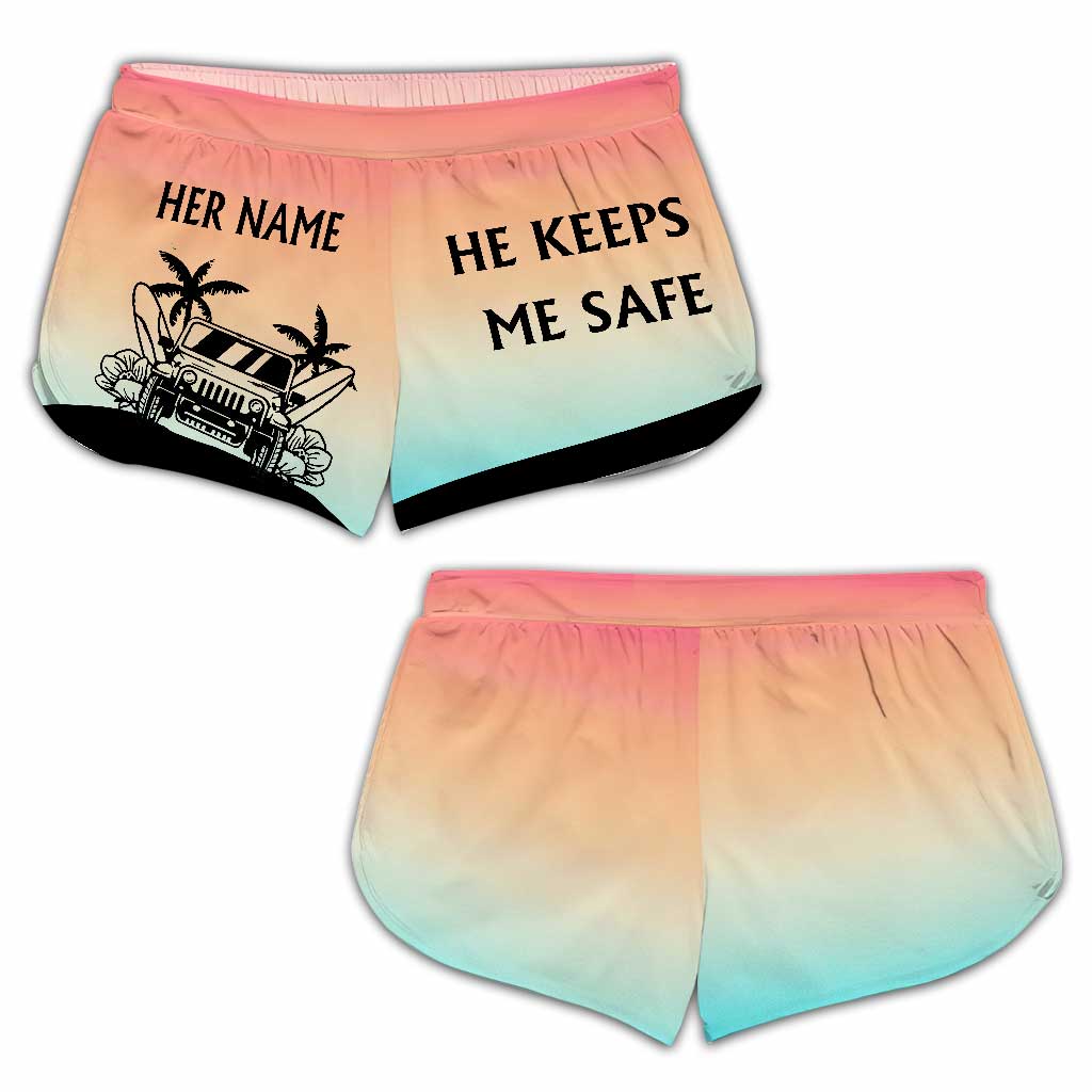 Personalized Couple's Adventure Shorts Custom Names Tropical Design