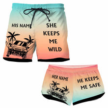 Load image into Gallery viewer, Personalized Couple's Adventure Shorts Custom Names Tropical Design
