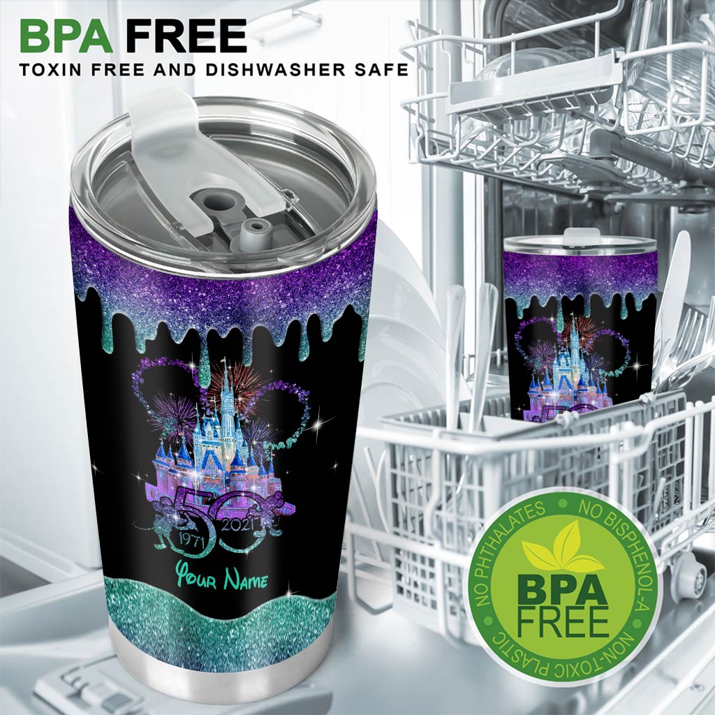 Personalized Glitter Tumbler with Disney Castle Design - 50th Anniversary Gift