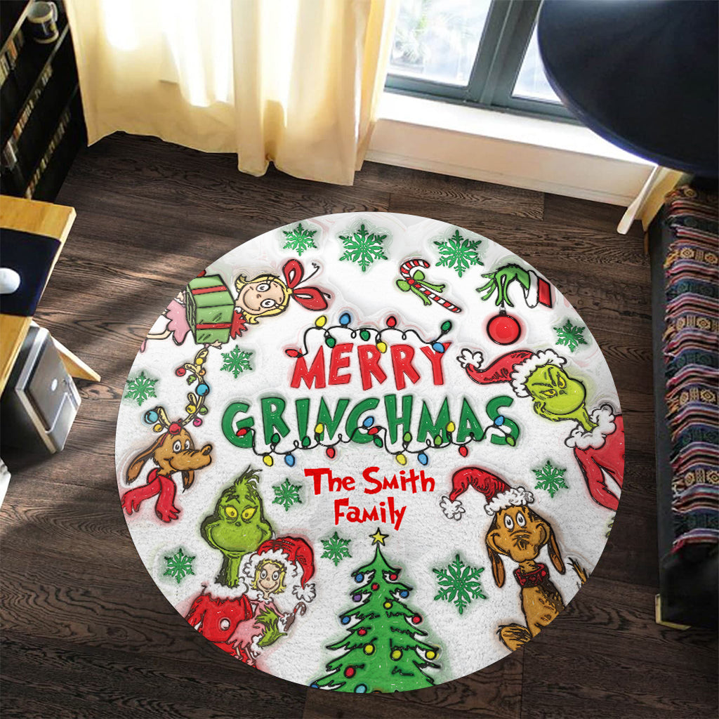 Personalized Merry Grinchmas Round Rug Custom Family Name Christmas Gift