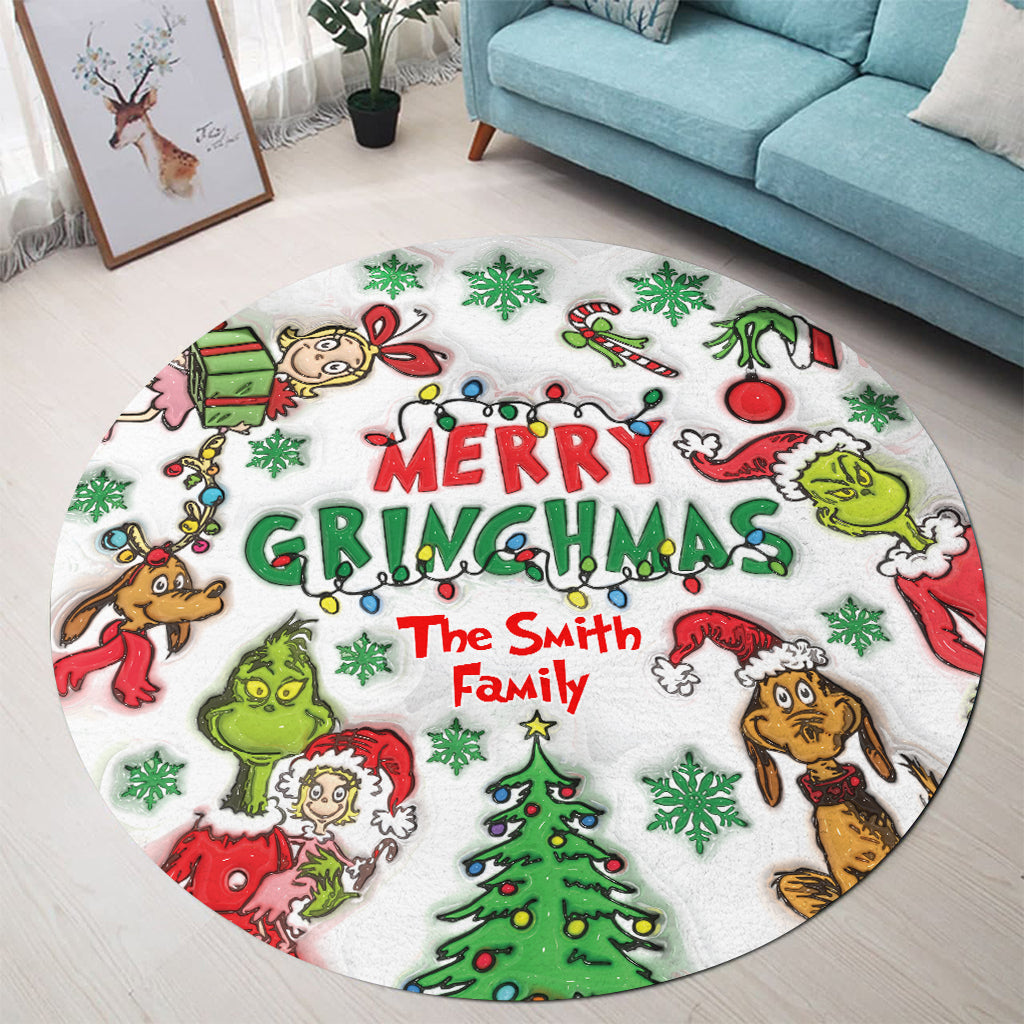 Personalized Merry Grinchmas Round Rug Custom Family Name Christmas Gift