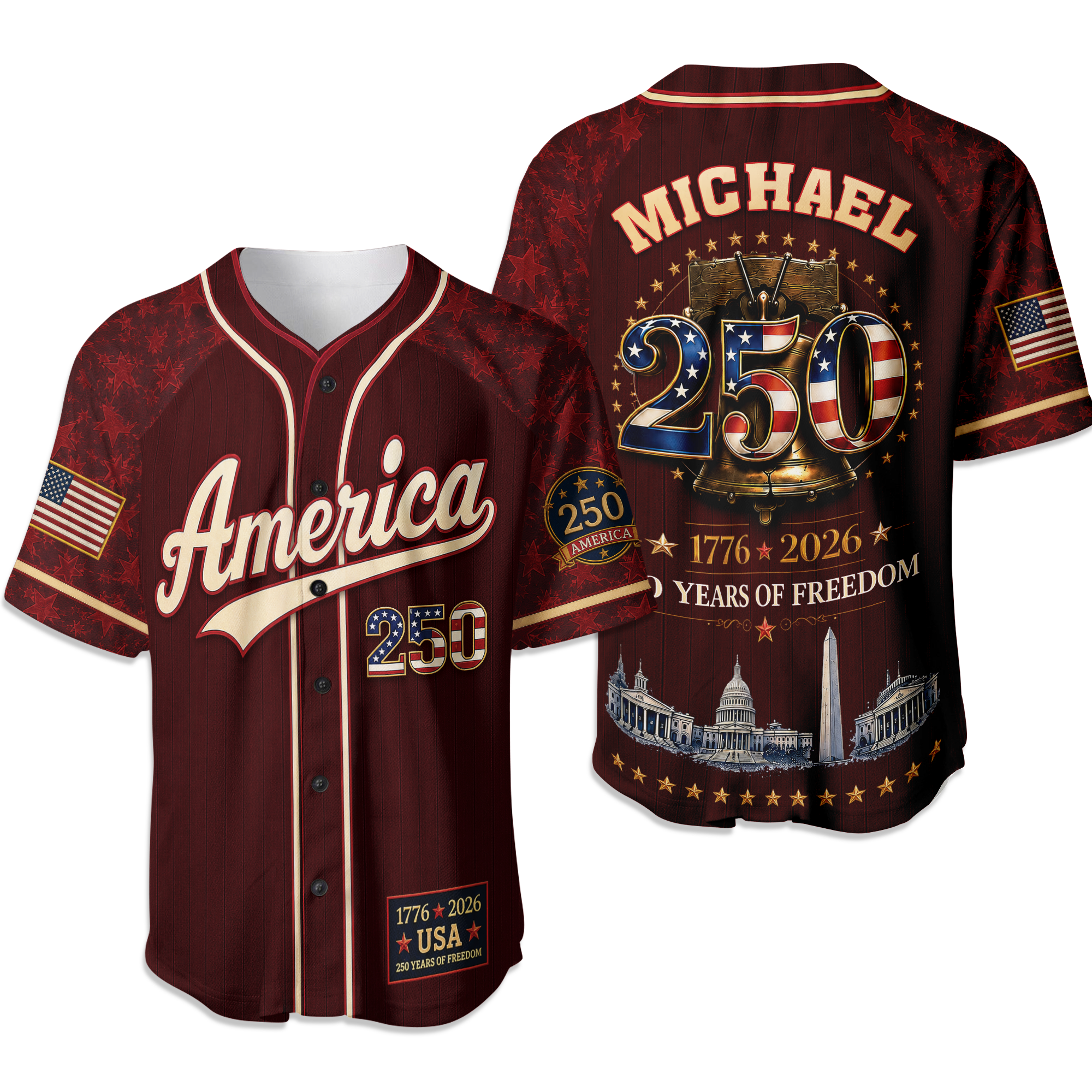 Personalized 250 Years of Freedom Baseball Jersey Custom Name Gift