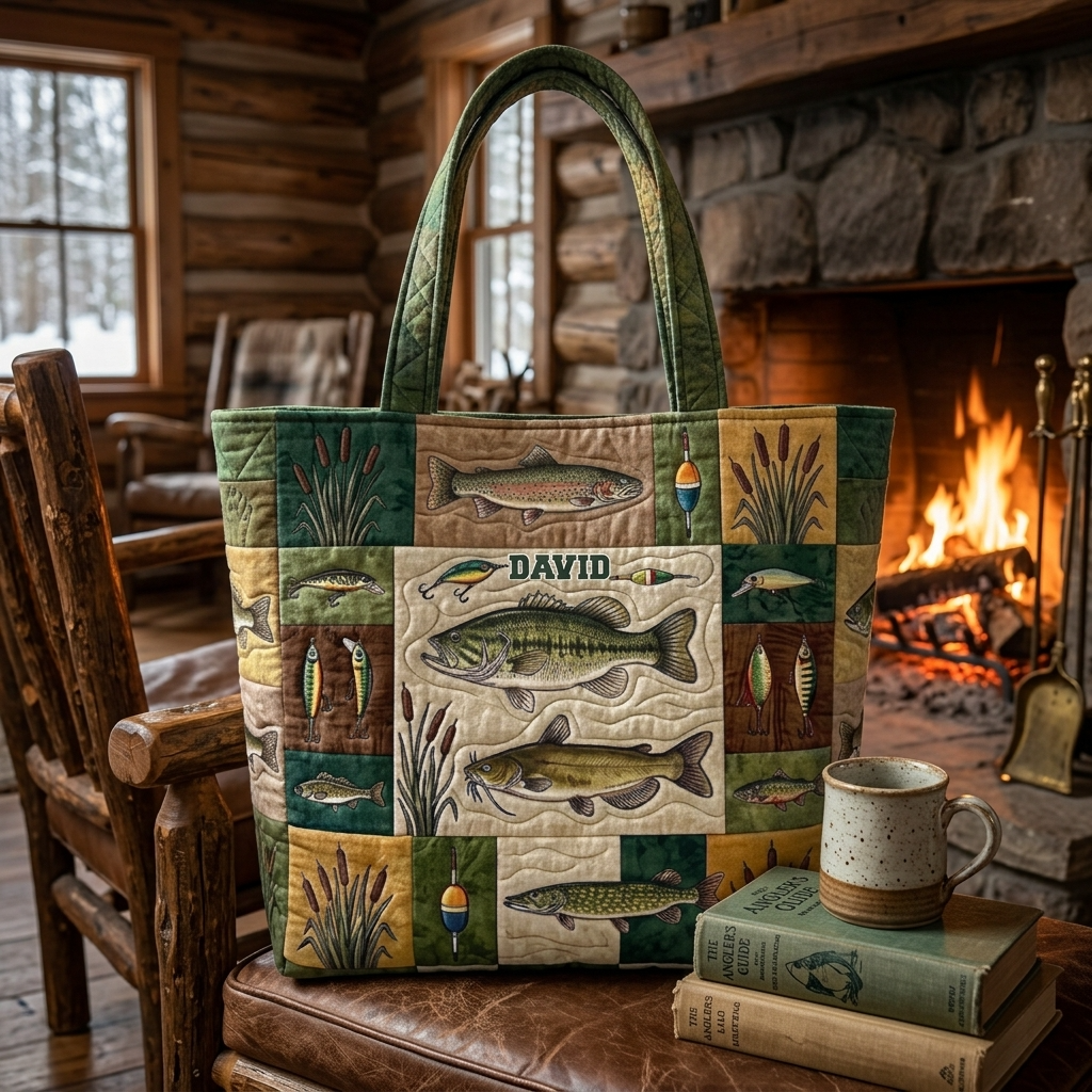 Personalized Fishing Patchwork Quilted Tote Bag Gift for Him