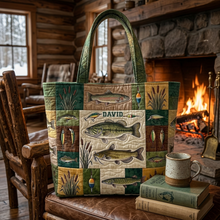 Load image into Gallery viewer, Personalized Fishing Patchwork Quilted Tote Bag Gift for Him

