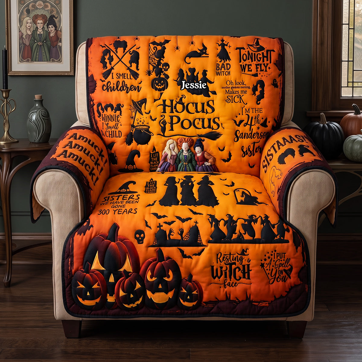 Personalized Hocus Pocus Halloween Quilted Sofa Cover for Family