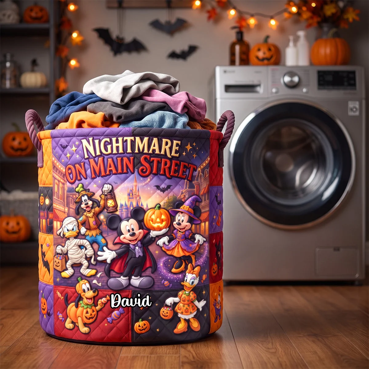 Personalized Nightmare On Main Street Quilted Laundry Basket for Halloween Lovers