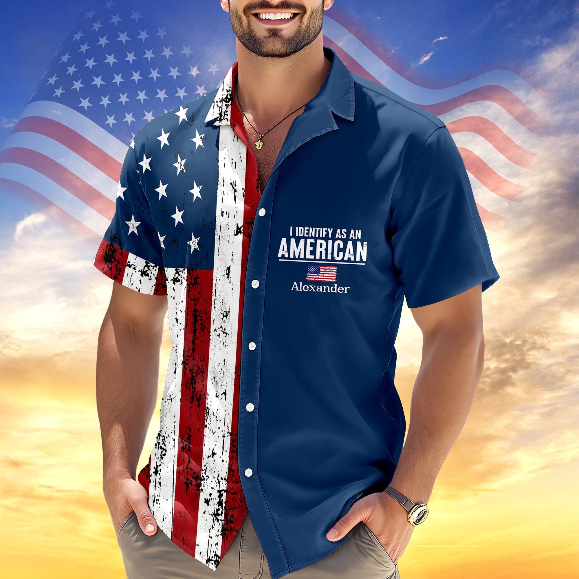 Personalized USA Flag Hawaiian Shirt Custom Name Gift for 4th of July