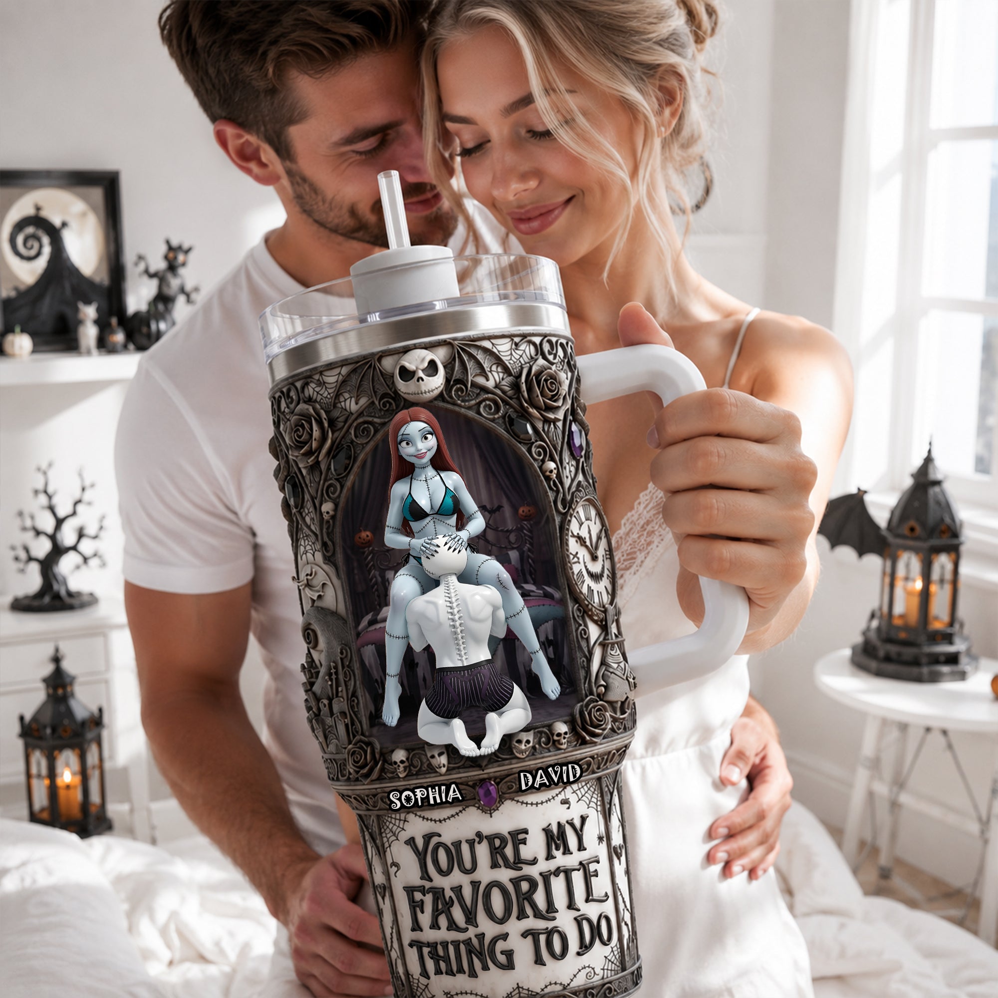 Personalized Tumbler with Handle Unique Halloween Gift for Couples