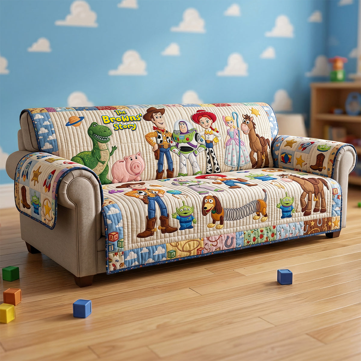Personalized Quilted Sofa Cover Featuring Cowboy Characters - Home Decor Gift for Fans