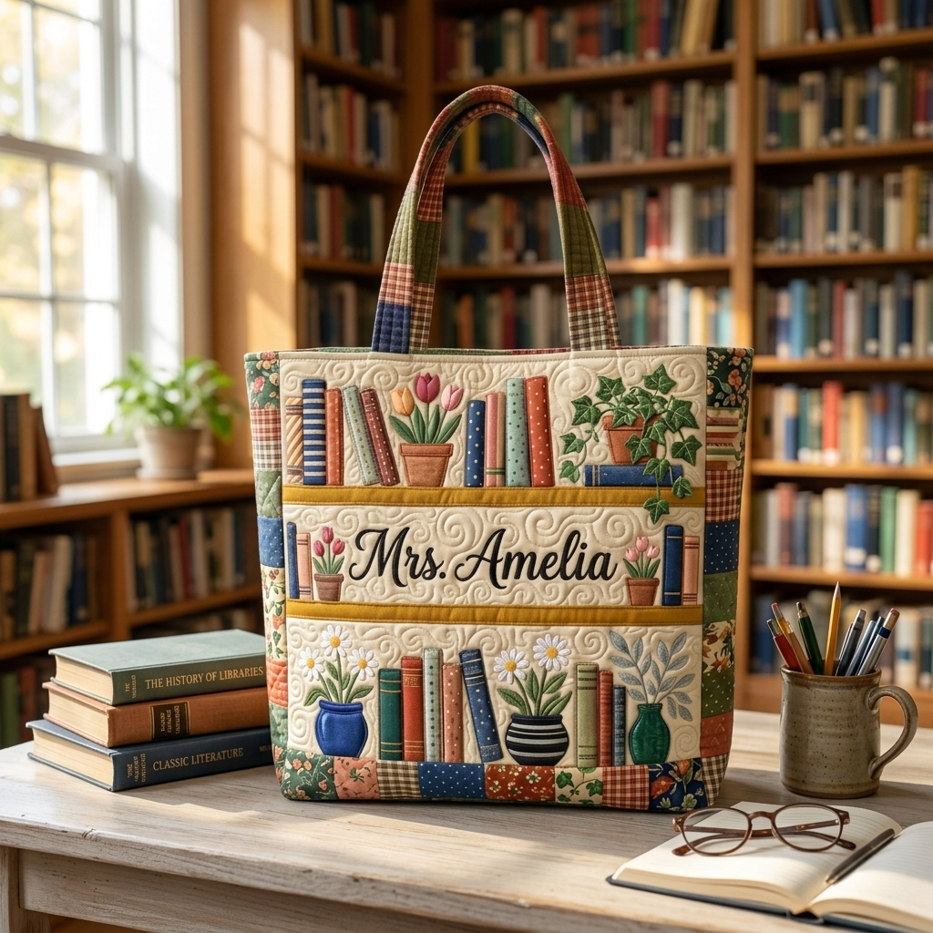 Personalized Quilted Tote Bag with Floral Bookshelf Design Gift for Teacher