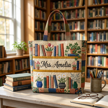 Load image into Gallery viewer, Personalized Quilted Tote Bag with Floral Bookshelf Design Gift for Teacher
