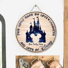 Load image into Gallery viewer, Personalized Round Wood Sign with Family Name - Home Runs on Love &amp; Laughter Gift
