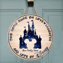Load image into Gallery viewer, Personalized Round Wood Sign with Family Name - Home Runs on Love &amp; Laughter Gift
