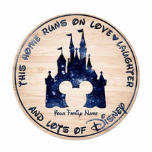 Load image into Gallery viewer, Personalized Round Wood Sign with Family Name - Home Runs on Love &amp; Laughter Gift
