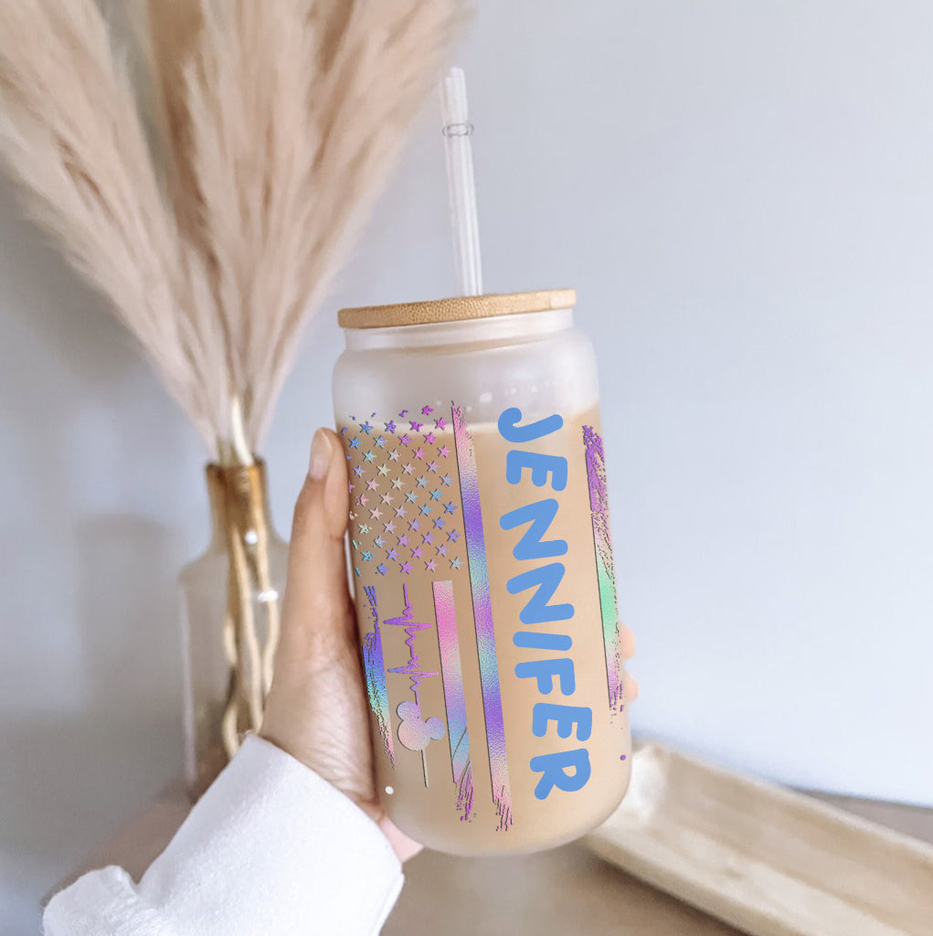 Personalized Stars and Stripes Can Glass with Straw - Custom Name Gift
