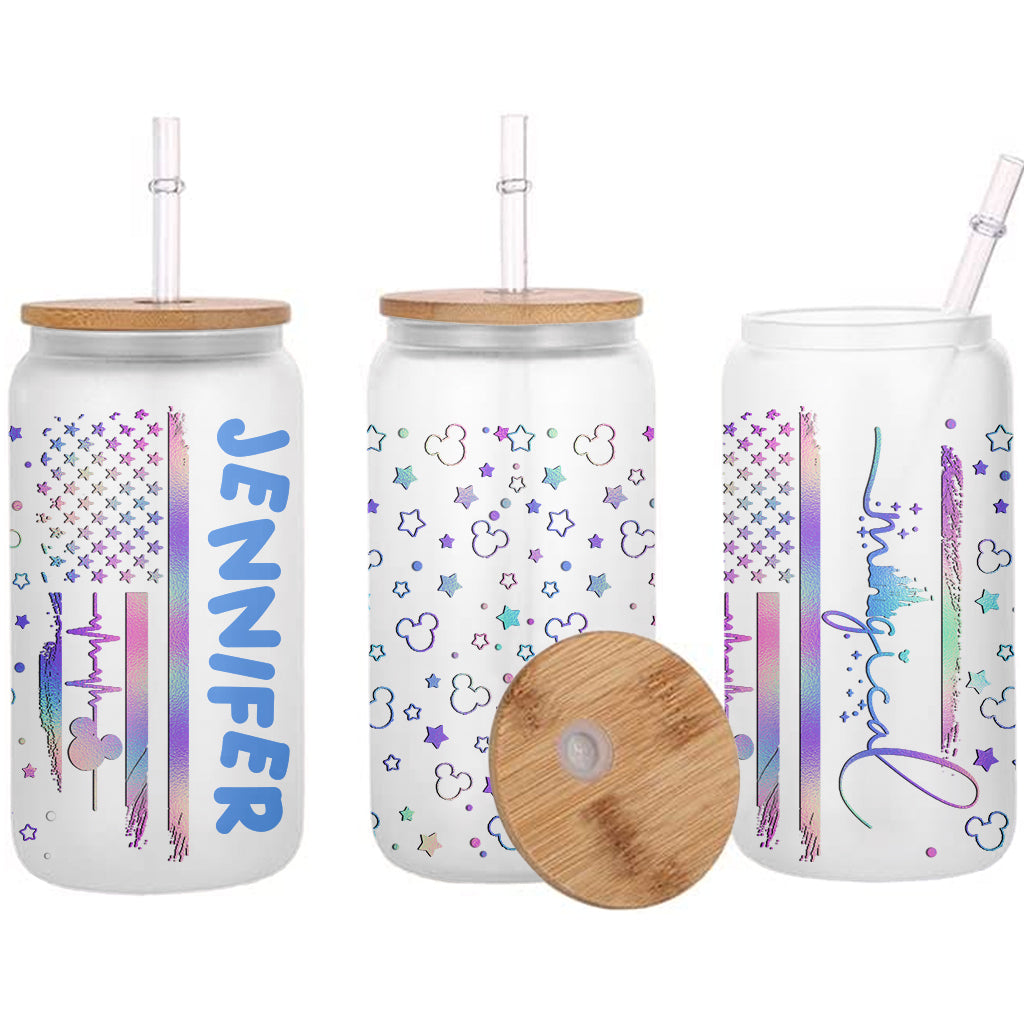 Personalized Stars and Stripes Can Glass with Straw - Custom Name Gift