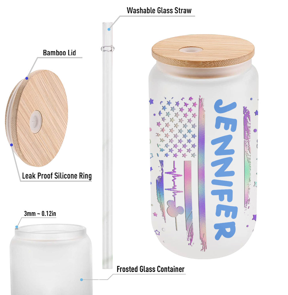Personalized Stars and Stripes Can Glass with Straw - Custom Name Gift