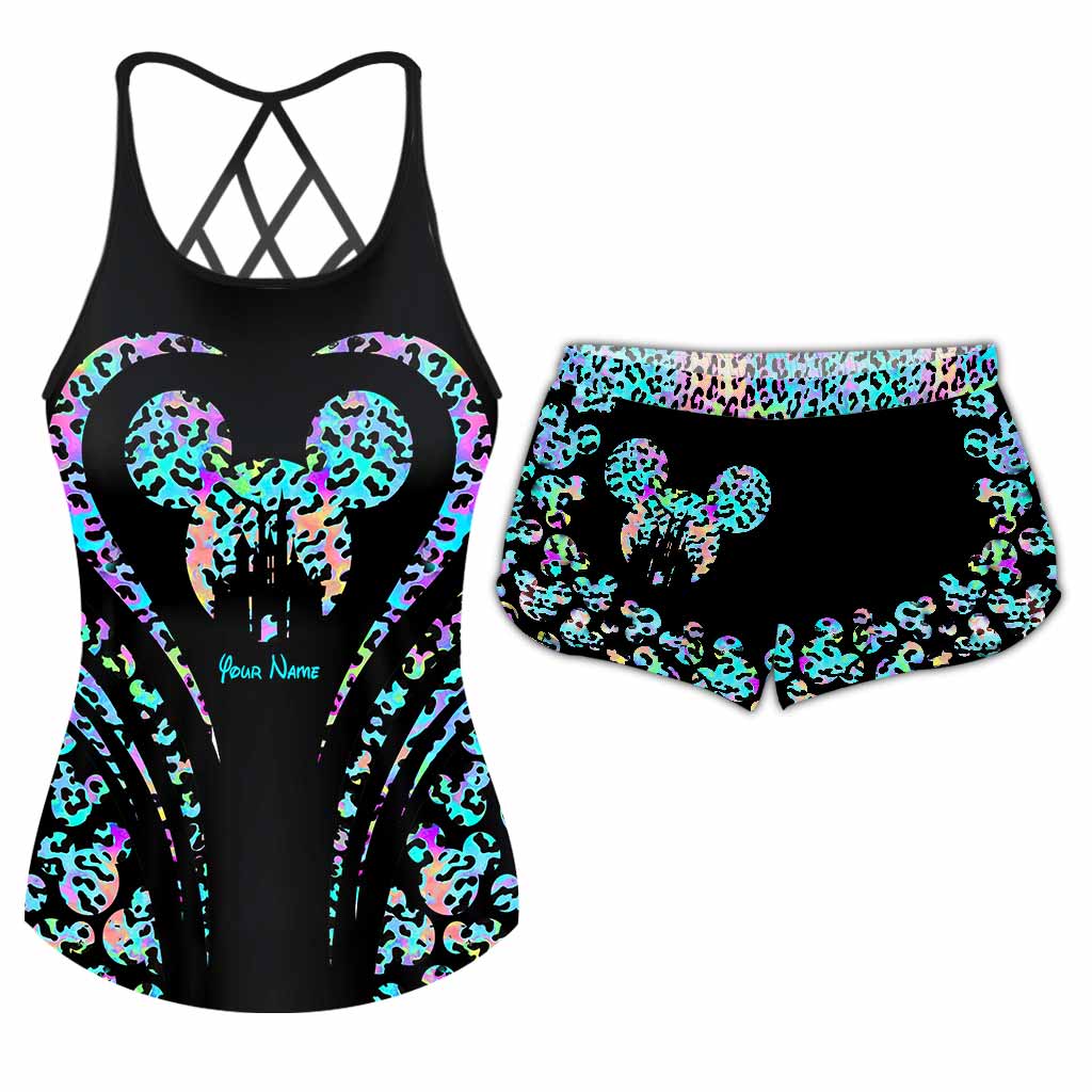 Personalized Leopard Mouse Ears Cross Tank Top & Shorts Set