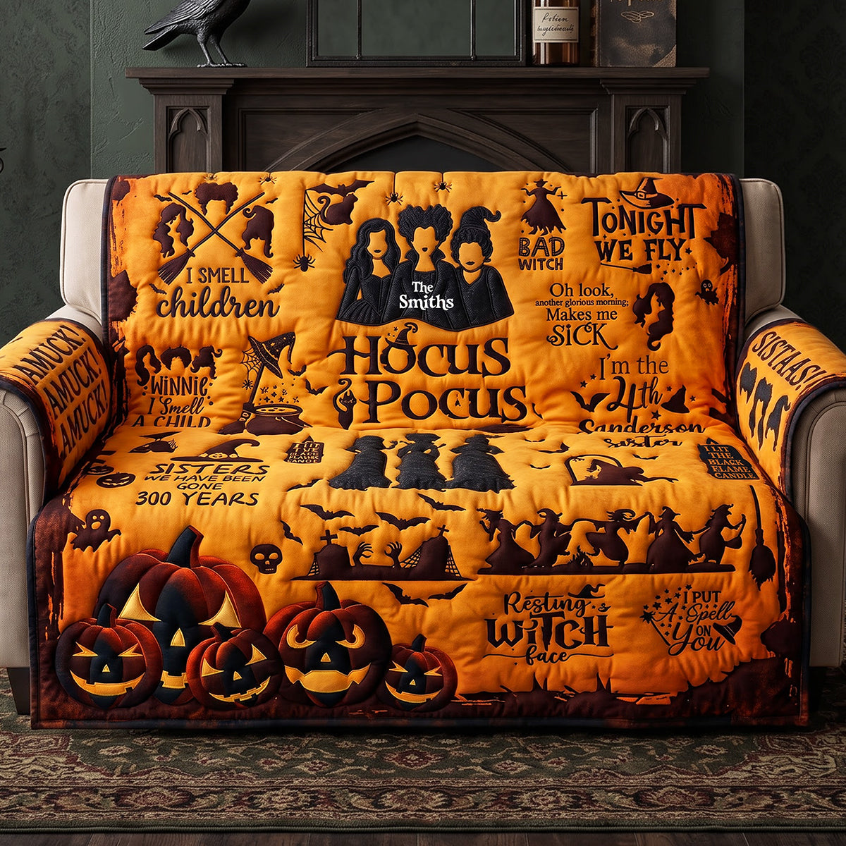 Personalized Hocus Pocus Halloween Quilted Sofa Cover for Family