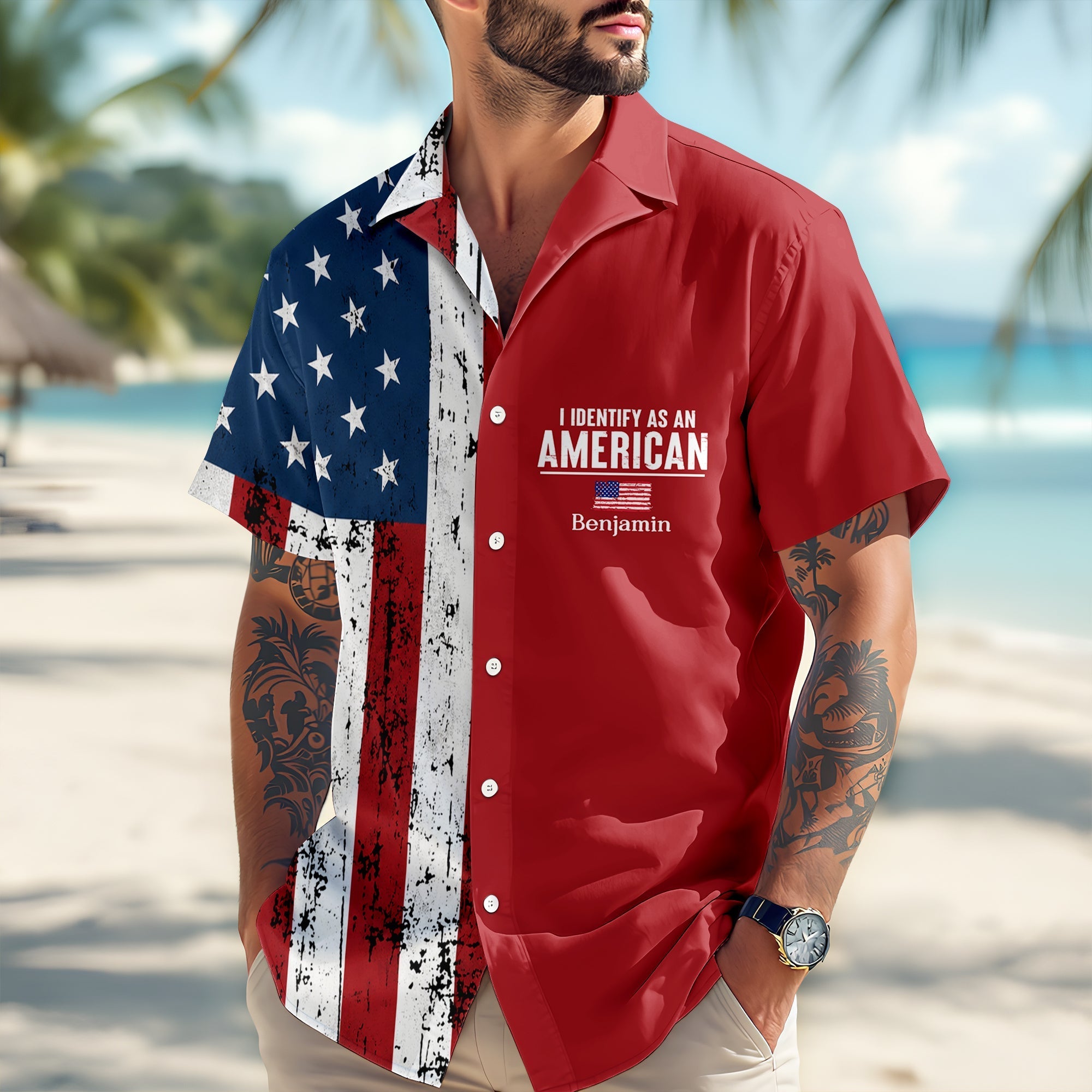 Personalized USA Flag Hawaiian Shirt Custom Name Gift for 4th of July