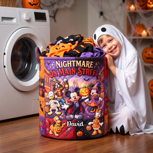 Load image into Gallery viewer, Personalized Nightmare On Main Street Quilted Laundry Basket for Halloween Lovers
