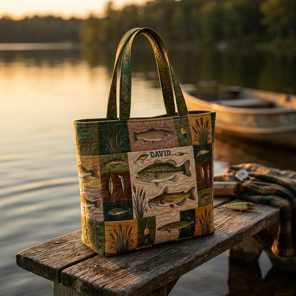 Personalized Fishing Patchwork Quilted Tote Bag Gift for Him