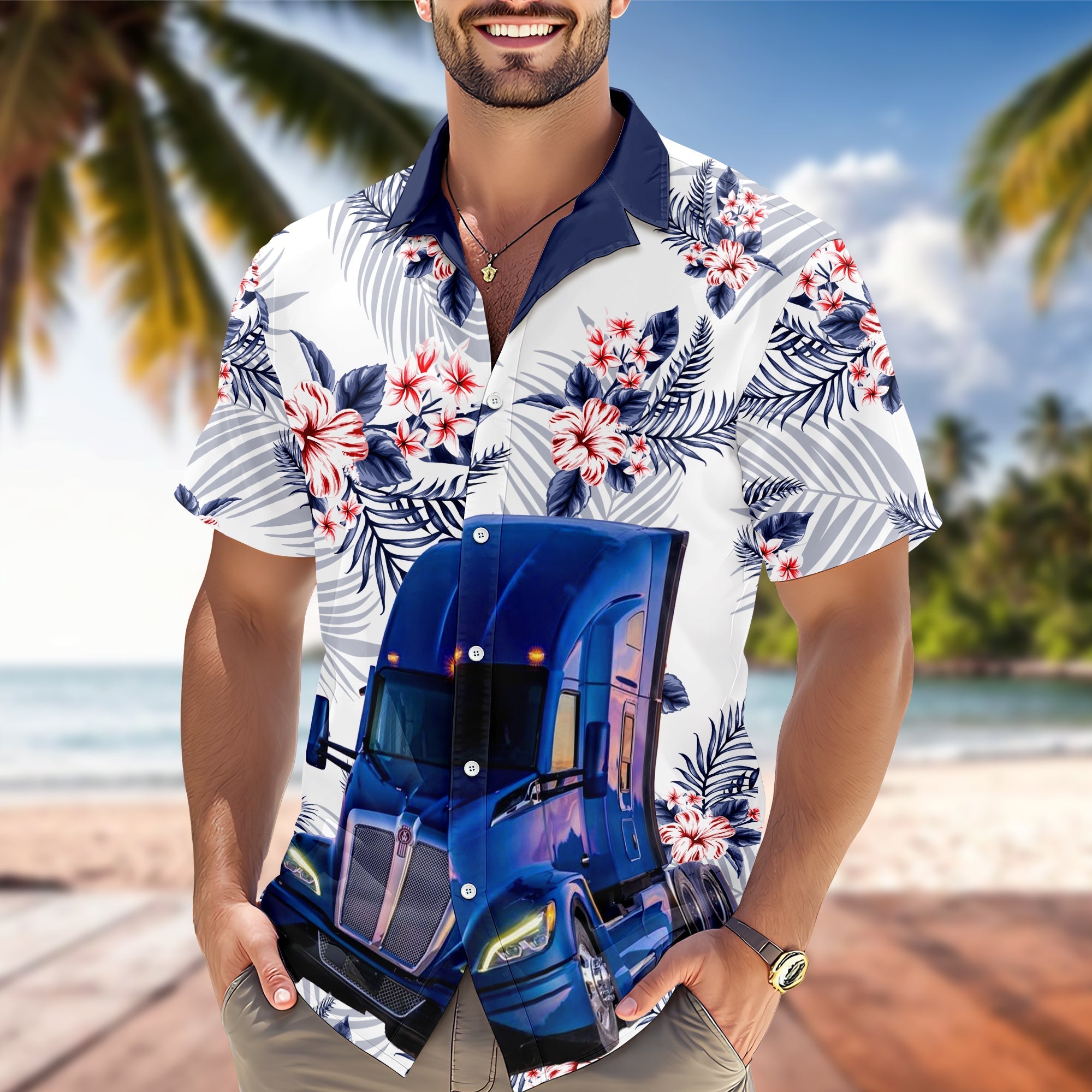 Personalized Hawaiian Shirt Custom Photo Gift for Trucker
