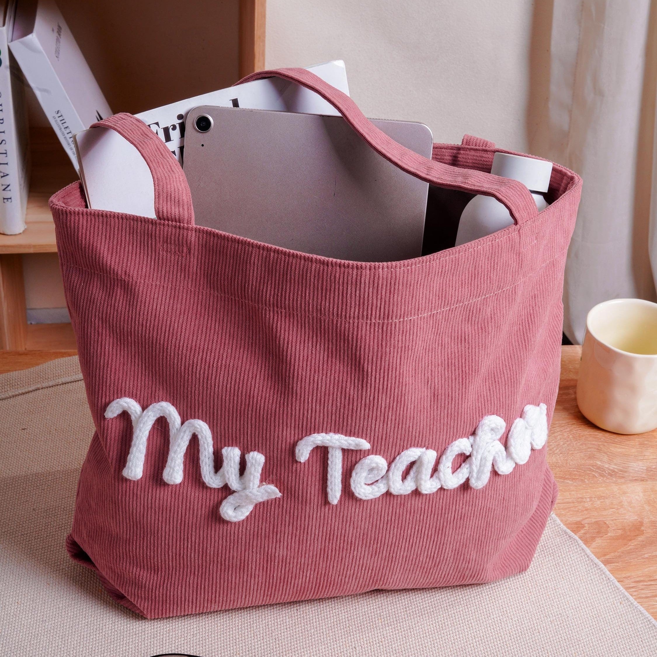 Personalized Corduroy Yarn Tote Bag Teacher Gift Custom Name