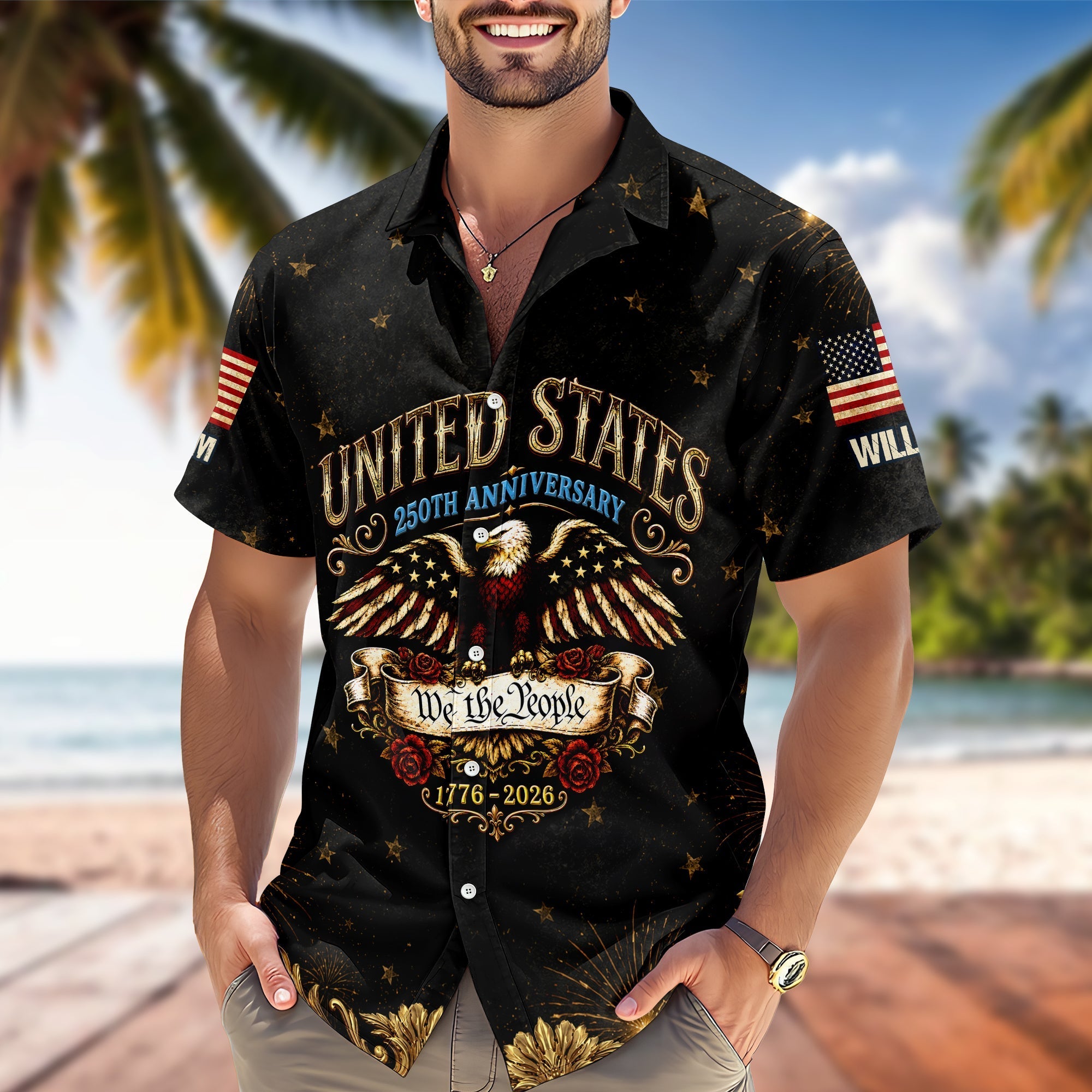Custom Name Hawaiian Shirt Patriotic Eagle USA 250th Gift