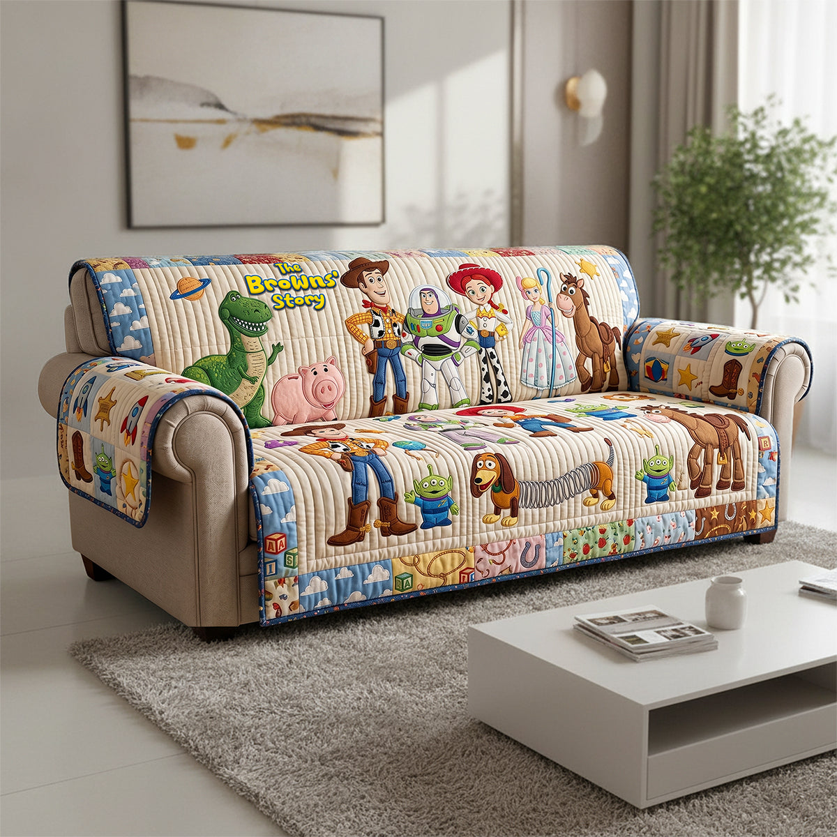 Personalized Quilted Sofa Cover Featuring Cowboy Characters - Home Decor Gift for Fans