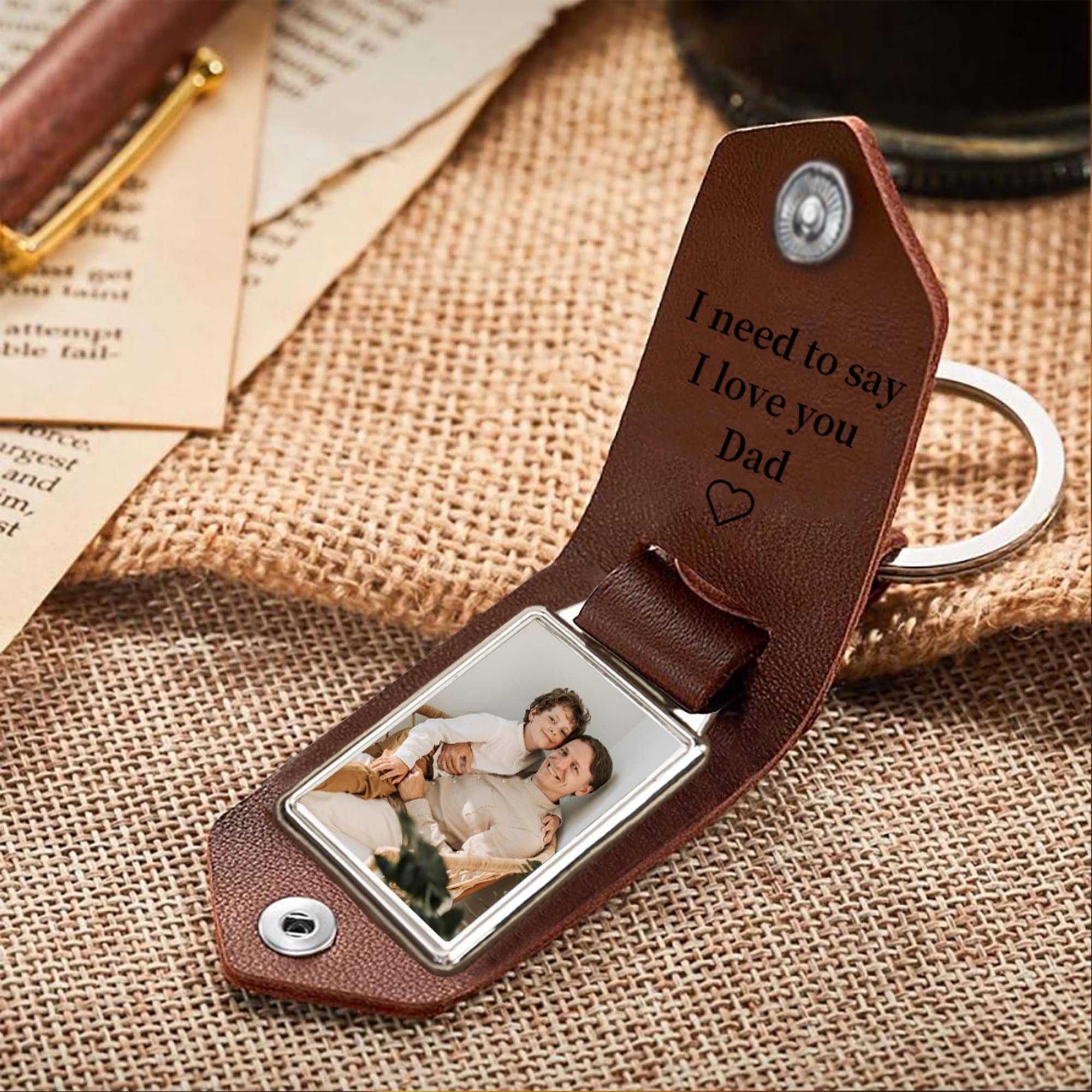 Personalized Photo Keychain I Love You Daddy Leather Gift