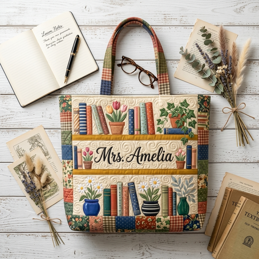 Personalized Quilted Tote Bag with Floral Bookshelf Design Gift for Teacher
