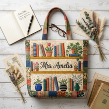Load image into Gallery viewer, Personalized Quilted Tote Bag with Floral Bookshelf Design Gift for Teacher
