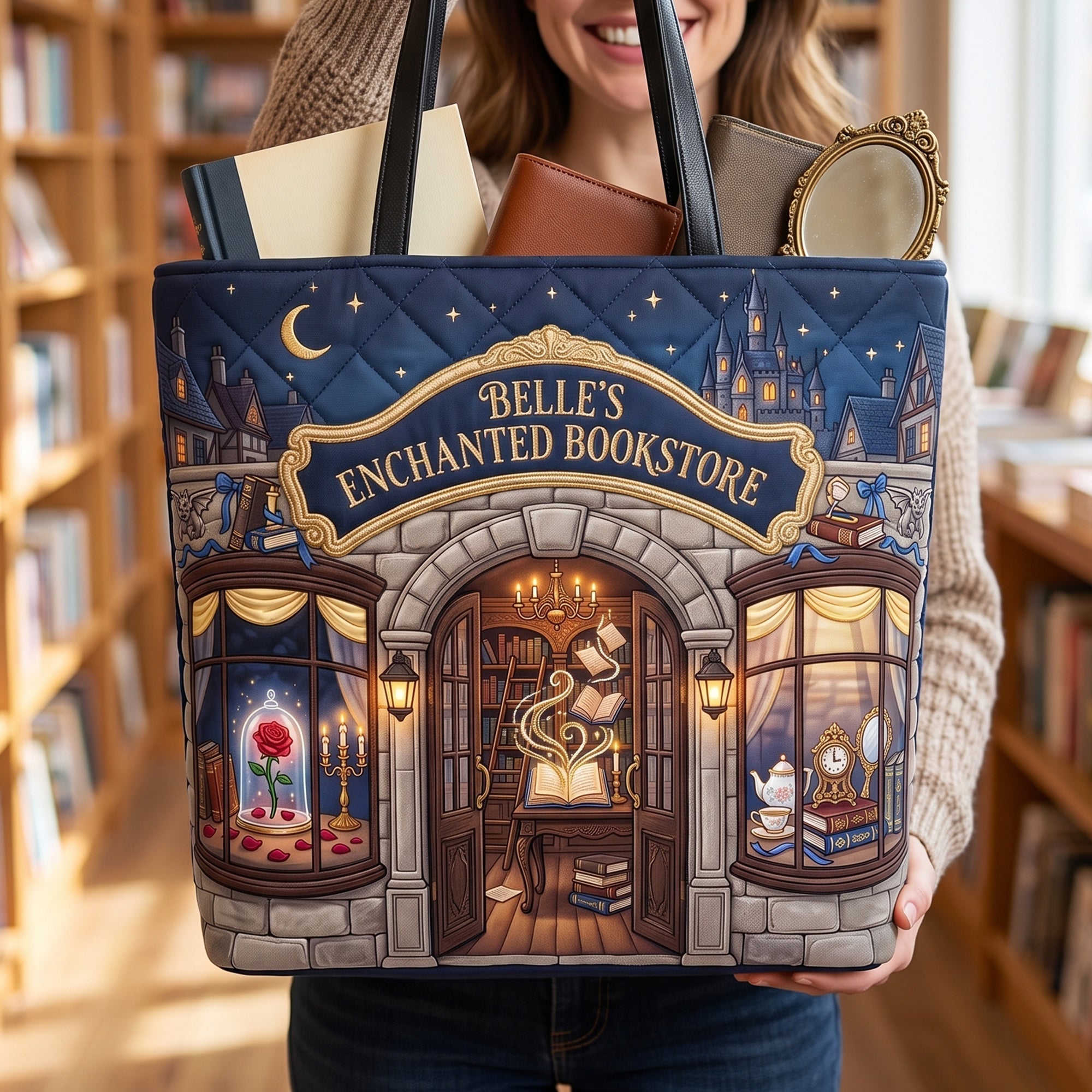 Personalized Quilted Tote Bag Bookstore Design Gift for Book Lovers