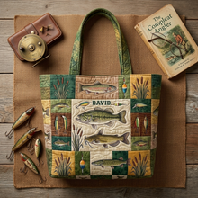 Load image into Gallery viewer, Personalized Fishing Patchwork Quilted Tote Bag Gift for Him
