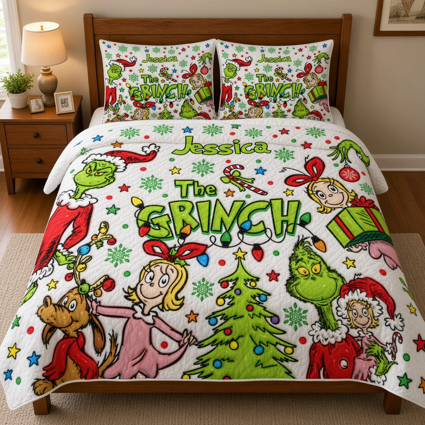 Personalized Grinch Quilted Bedding Set Custom Name Christmas Gift