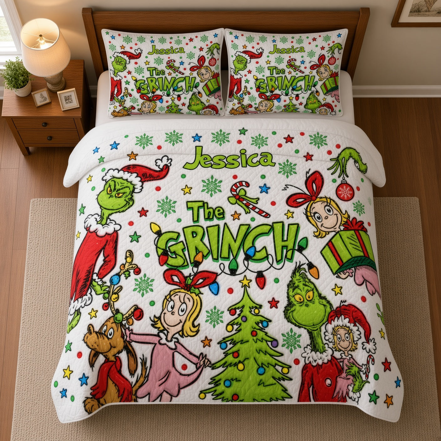 Personalized Grinch Quilted Bedding Set Custom Name Christmas Gift