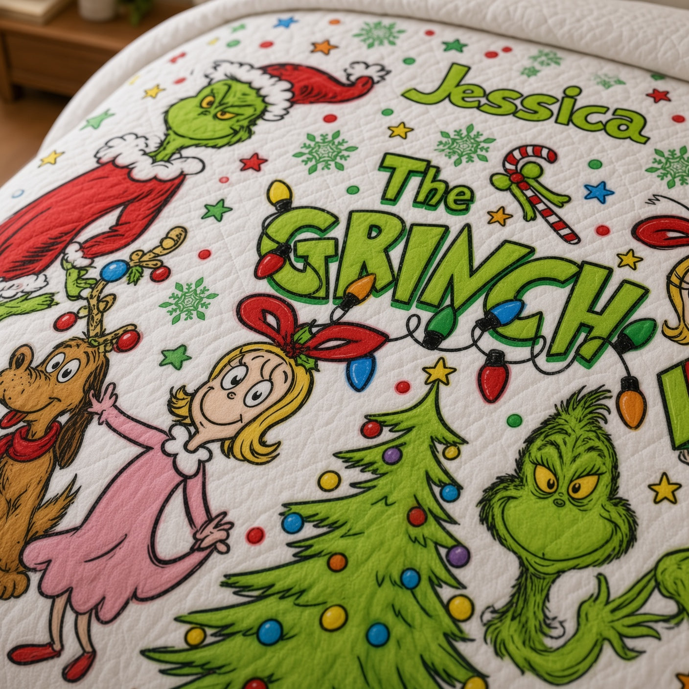 Personalized Grinch Quilted Bedding Set Custom Name Christmas Gift
