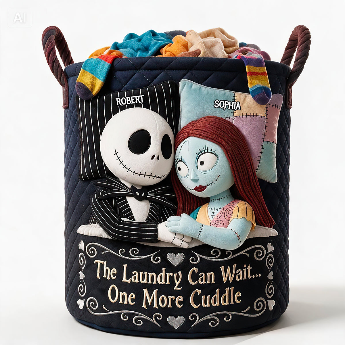 Personalized Quilted Laundry Basket with Fun Cuddle Quote for Couples