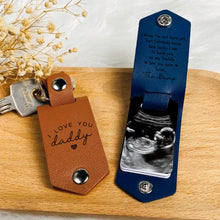 Load image into Gallery viewer, Personalized Baby Ultrasound Photo Leather Keychain Gift for New Dad
