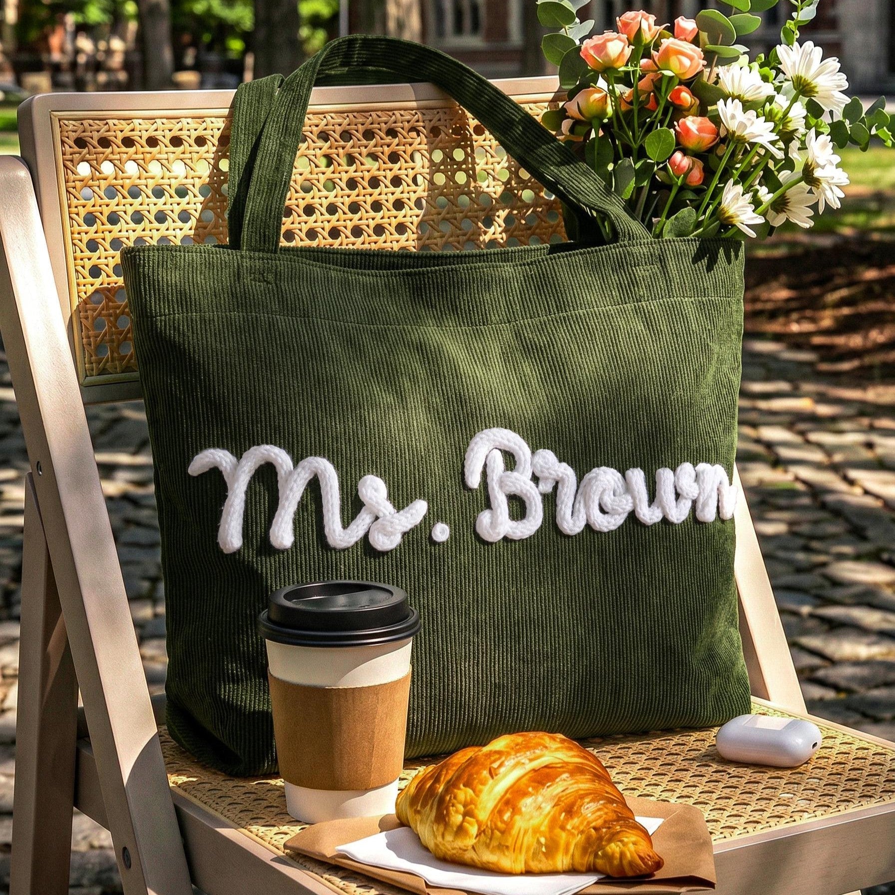 Personalized Corduroy Yarn Tote Bag Teacher Gift Custom Name