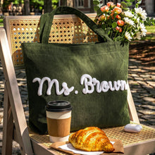 Load image into Gallery viewer, Personalized Corduroy Yarn Tote Bag Teacher Gift Custom Name
