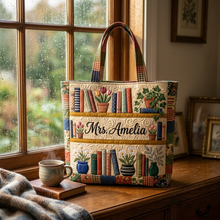 Load image into Gallery viewer, Personalized Quilted Tote Bag with Floral Bookshelf Design Gift for Teacher
